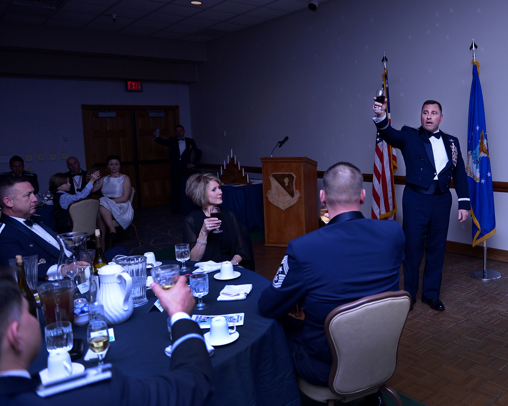 U.S. Air Force Brig. Gen. Timothy Leahy, 23rd Air Force commander, raises his glass to offer a toast to Cannon Air Force base's most recent Chief Master Sgt. selects March 22, 2013. The 2013 Chief Master Sergeant Recognition Ceremony was held at The Landing Zone to pay tribute to Cannon’s latest chief master sergeant. selects for their outstanding leadership and service. (U.S. Air Force photo/Staff Sgt. Matthew Plew) 