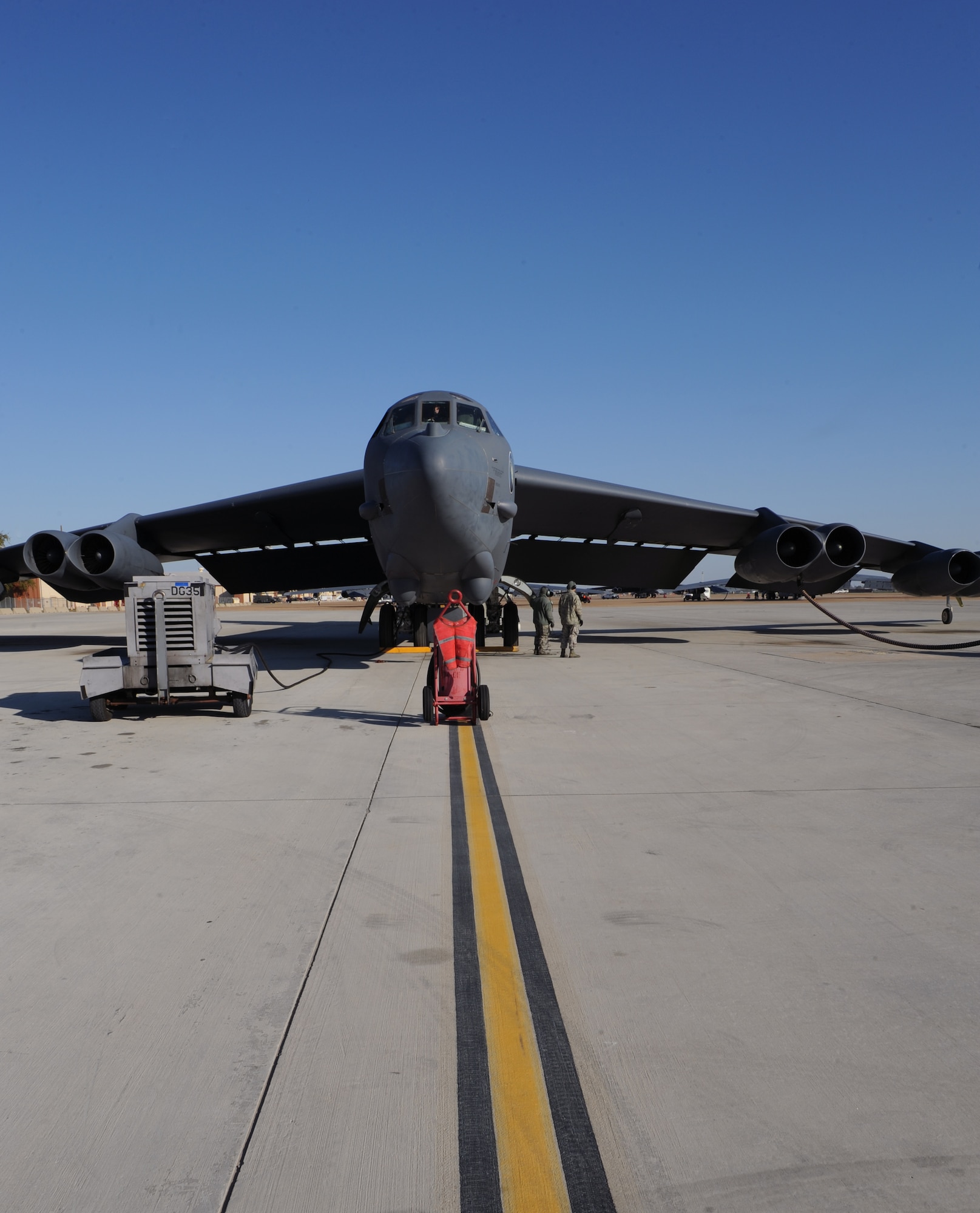 A B-52H Stratofortress undergoes take-off preparations on Barksdale Air Force Base, La., March 25. Once the engines start, both the aircrew and crew chiefs ensure they are functioning properly. The crew chiefs focus on the exterior of the aircraft while the aircrew focuses on the interior. (U.S. Air Force photo/Airman 1st Class Benjamin Gonsier)   
