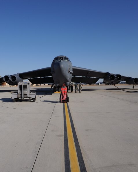 A B-52H Stratofortress undergoes take-off preparations on Barksdale Air Force Base, La., March 25. Once the engines start, both the aircrew and crew chiefs ensure they are functioning properly. The crew chiefs focus on the exterior of the aircraft while the aircrew focuses on the interior. (U.S. Air Force photo/Airman 1st Class Benjamin Gonsier)   
