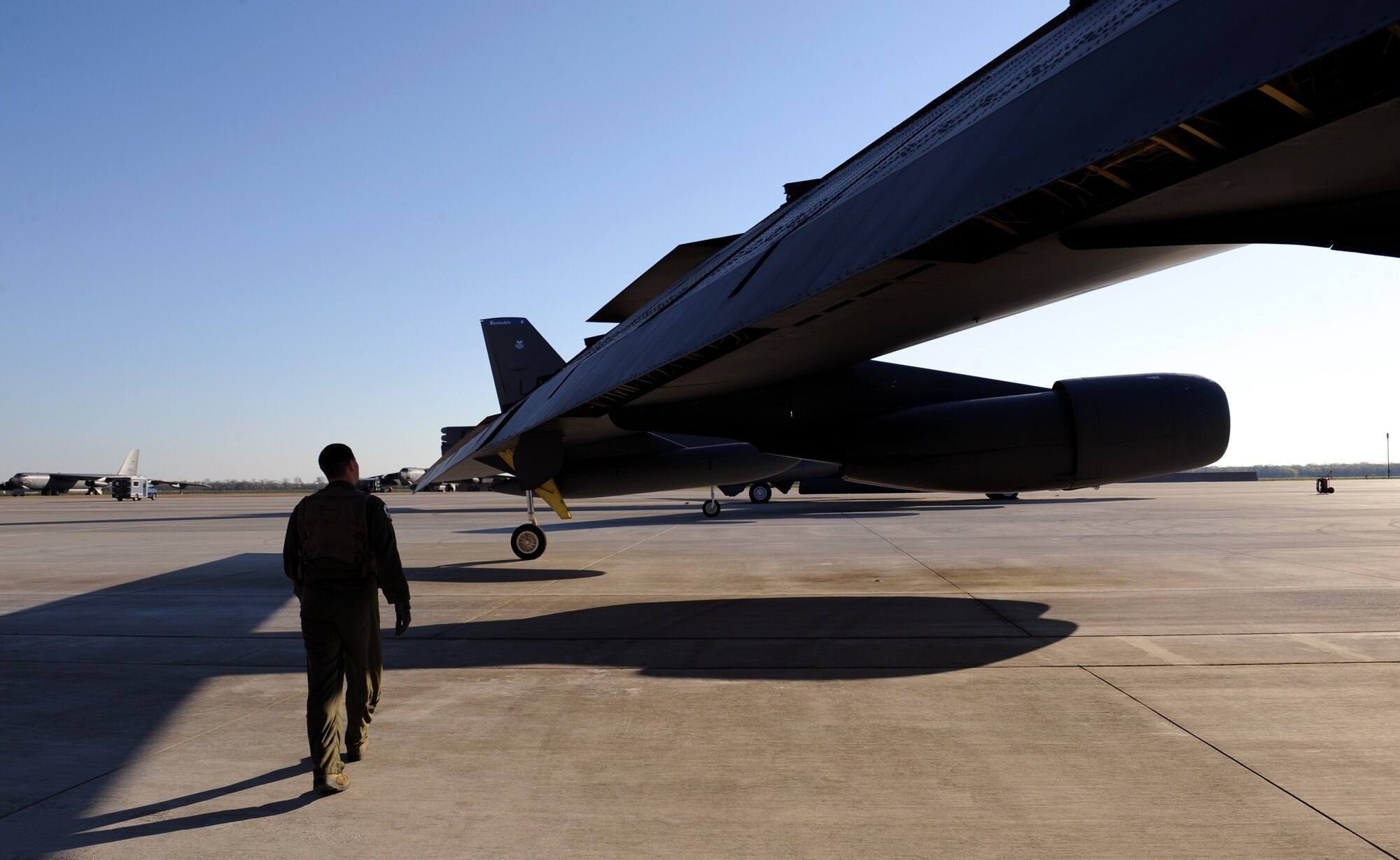1st Lt. Dan Ecklebe, 20th Bomb Squadron co-pilot, inspects the wing of a B-52H Stratofortress on Barksdale Air Force Base, La., March 25. Each member of the aircrew has his or her own specific items they check when conducting aircraft inspections before take-off. (U.S. Air Force photo/Airman 1st Class Benjamin Gonsier)
