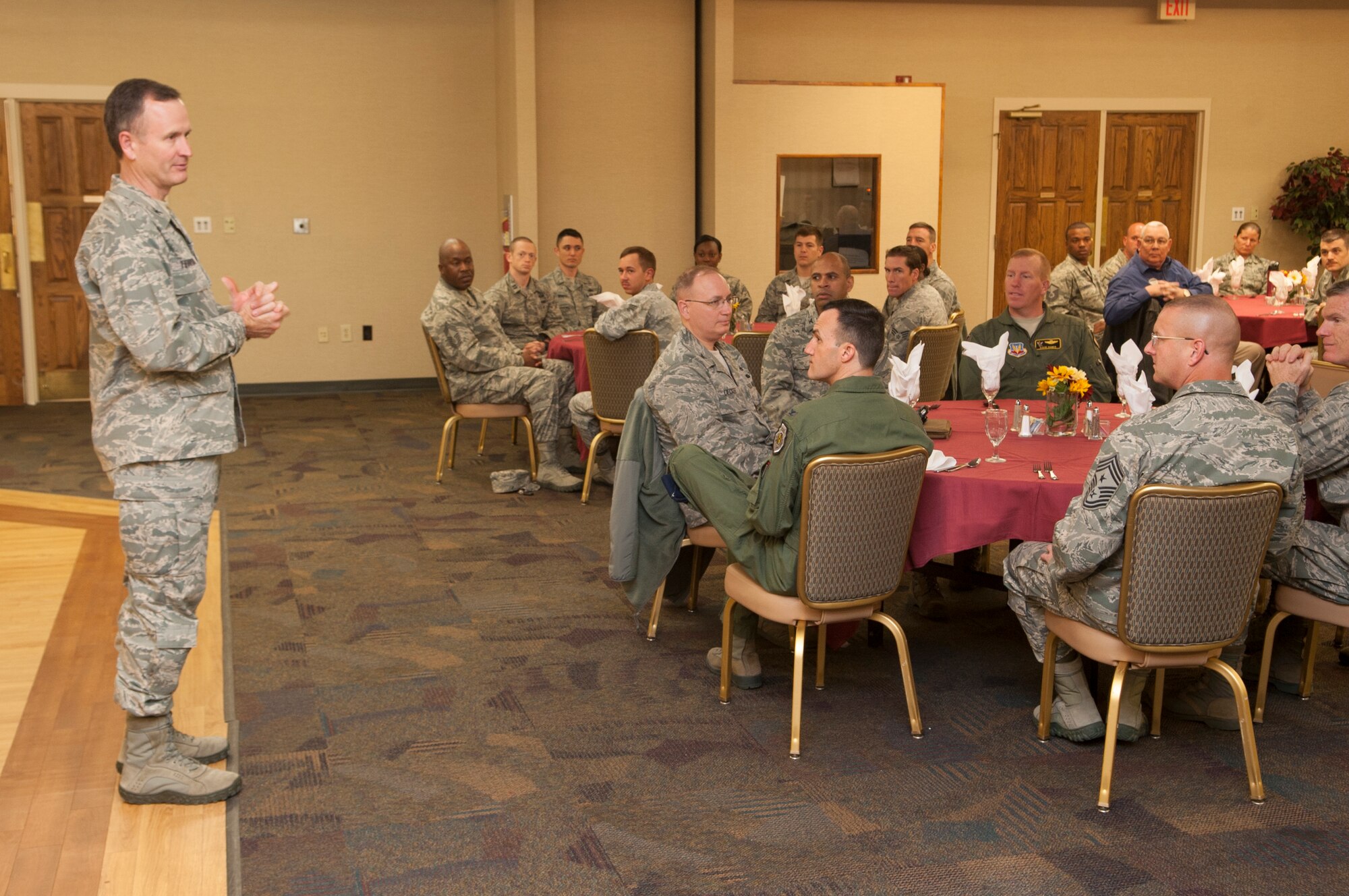 U.S. Air Force Col. Billy Thompson, 23d Wing commander, speaks during an Air Force Assistance Fund kick-off breakfast March 25, 2013, at Moody Air Force Base, Ga. The AFAF gives support to Air Force families including active duty, retirees, reservists, guard members, their dependents and surviving spouses. U.S. Air Force Photo by Airman Paul Francis/Released)
