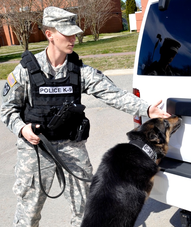 U.S. Army Sgt. Melinda Storsin, 3rd Military Police Detachment military working dog patrol explosive detector dog handler, touches the spot on a vehicle she wants her dog Otta to sniff during a vehicle search rehearsal at Fort Eustis, Va., March 20, 2013. Many females from the MPDs at Fort Eustis have deployed to the Middle East taking on many missions including detainee and convoy operations, base security and acting as host nation mentors. (U.S. Air Force photo by Staff Sgt. Wesley Farnsworth/Released)