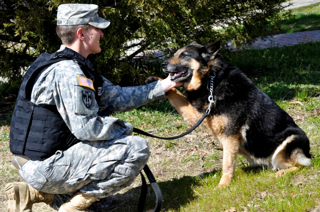 U.S. Army Sgt. Melinda Storsin, 3rd Military Police Detachment military working dog patrol explosive detector dog handler, praises her dog Otta for successfully following her commands at Fort Eustis, Va., March 20, 2013. Storsin is one of many women in the military continuing to make strides and fill critical roles. (U.S. Air Force photo by Staff Sgt. Wesley Farnsworth/Released)