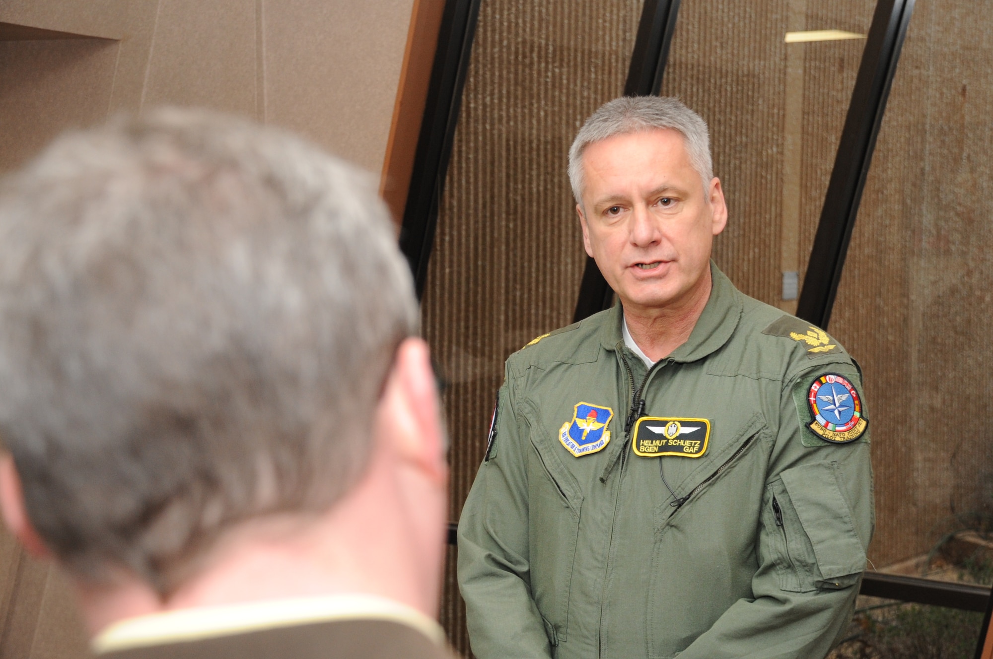 German Air Force Brig. Gen. Helmut Schuetz meets with media during a steering committee meeting March 22 at Sheppard Air Force Base.  The 65th ENJJPT Steering Committee met March 18-22 to discuss curriculum, fnancial oversight and operations for the ENJJPT program.  