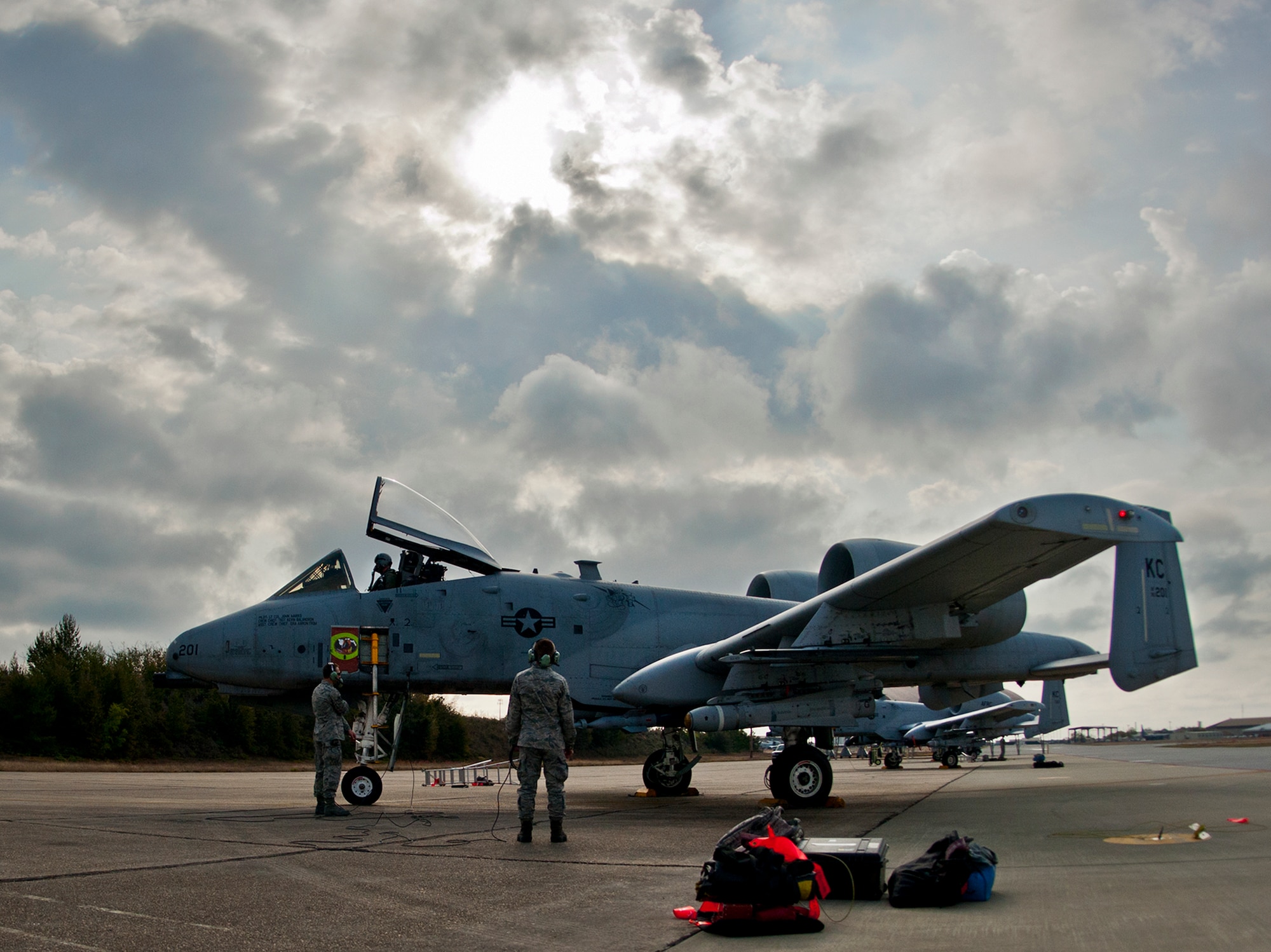 Staff Sgts Chancey McRoberts and Christopher Eichhorn, maintainers with the 442nd Fighter Wing, perform preflight checks on an A-10 Thunderbolt II prior to a sortie at Eglin Air Force Base, Fla., March 19.  The 442nd A-10s traveled from Whiteman AFB for the week-long, air-to-ground weapons system evaluation program called Combat Hammer.  Combat Hammer, run by the 86th Fighter Weapons Squadron, is used to evaluate the effectiveness and suitability of combat air force weapon systems. The air-to-air and air-to-ground WSEP evaluations are accomplished during tactical deliveries of fighter, bomber and unmanned aircraft system precision guided munitions, on realistic targets with air-to-air and surface-to-air defenses. (U.S. Air Force photo/Samuel King Jr.)