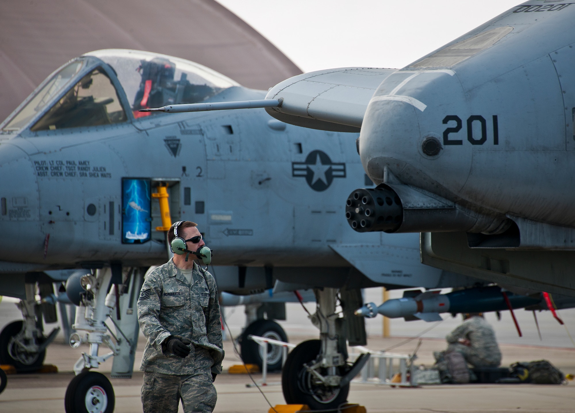Tech. Sgt. Chancey McRoberts, a crew chief with the 442nd Fighter Wing, performs preflight checks on an A-10 Thunderbolt II prior to a sortie at Eglin Air Force Base, Fla., March 19.  The 442nd A-10s traveled from Whiteman AFB for the week-long, air-to-ground weapons system evaluation program called Combat Hammer.  Combat Hammer, run by the 86th Fighter Weapons Squadron, is used to evaluate the effectiveness and suitability of combat air force weapon systems. The air-to-air and air-to-ground WSEP evaluations are accomplished during tactical deliveries of fighter, bomber and unmanned aircraft system precision guided munitions, on realistic targets with air-to-air and surface-to-air defenses. (U.S. Air Force photo/Samuel King Jr.)