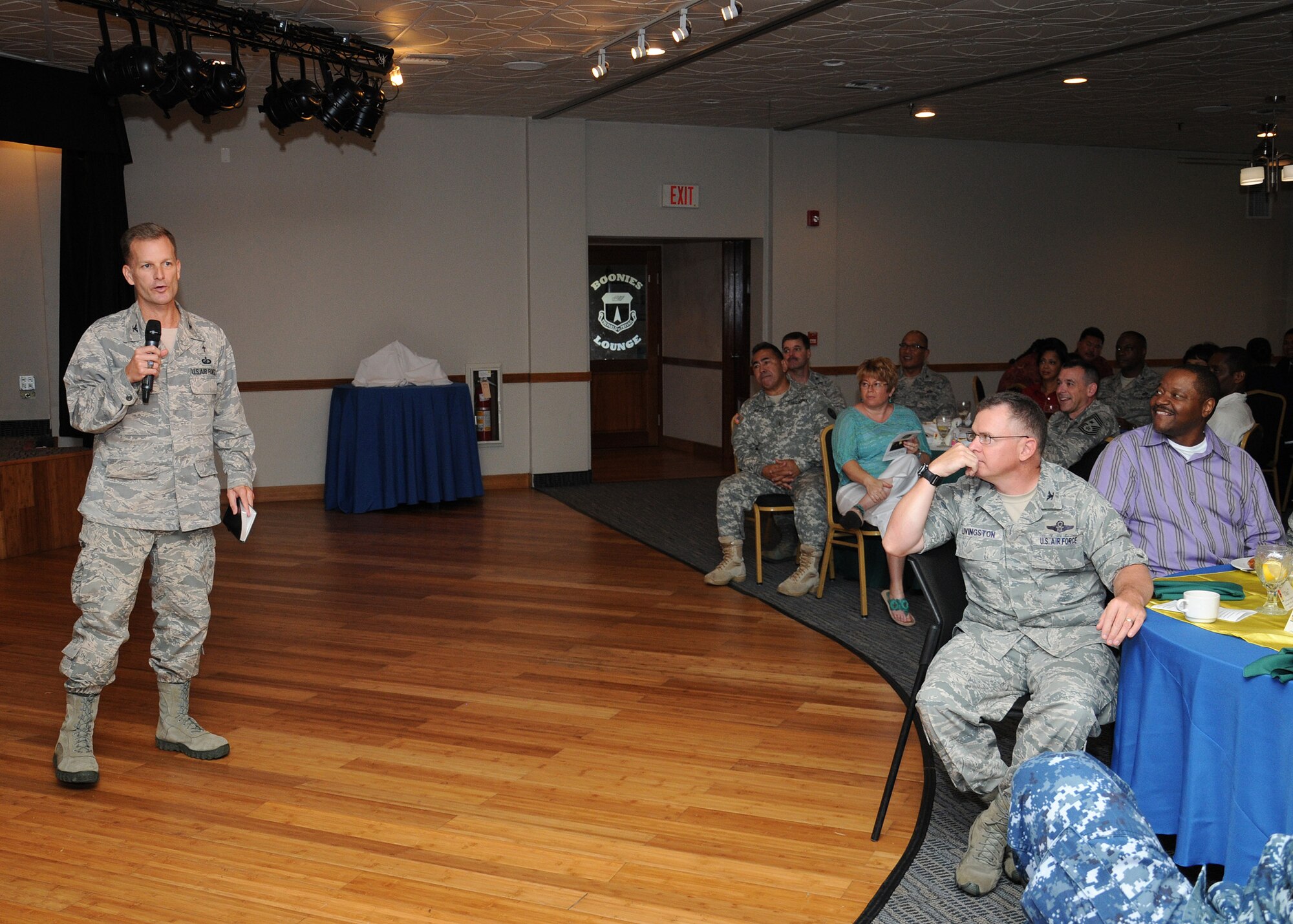 Chap. (Col.) Dondi Costin, Pacific Air Forces chaplain, addresses the audience during the National Prayer Luncheon on Andersen Air Force Base, Guam, March 22, 2013. More than 220 Team Andersen members attended the annual event where Costin was the guest speaker.  (U.S. Air Force photo by Staff Sgt. Melissa B. White/Released)