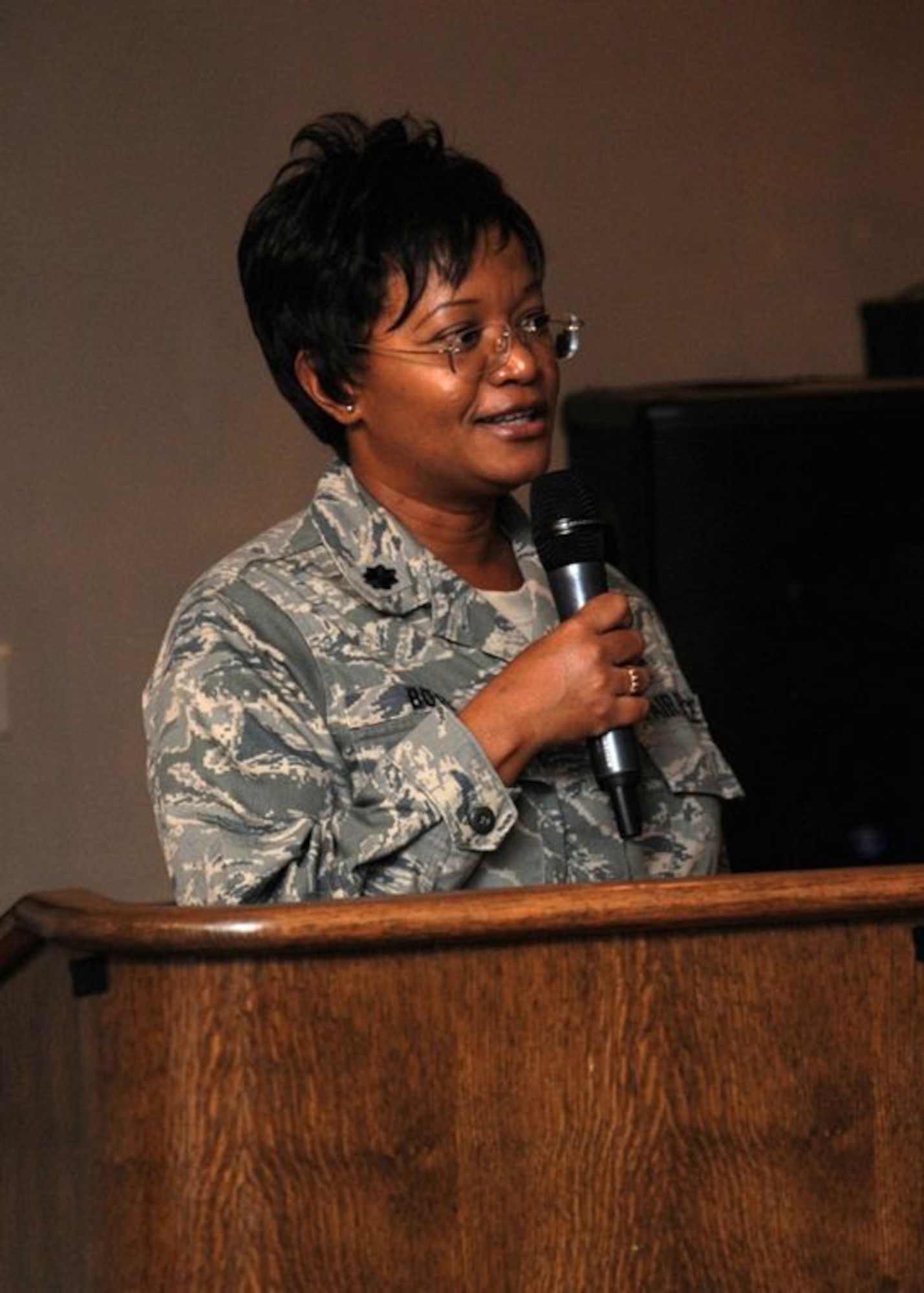 Chap. (Lt. Col.) Donnette Boyd, 36th Wing chaplain, introduces the guest speaker at the National Prayer Luncheon on Andersen Air Force Base, Guam, March 22, 2013. More than 220 Team Andersen members attended the annual event where Chap. (Col.) Dondi Costin, Pacific Air Forces chaplain, was the guest speaker.  (U.S. Air Force photo by Staff Sgt. Melissa B. White/Released)