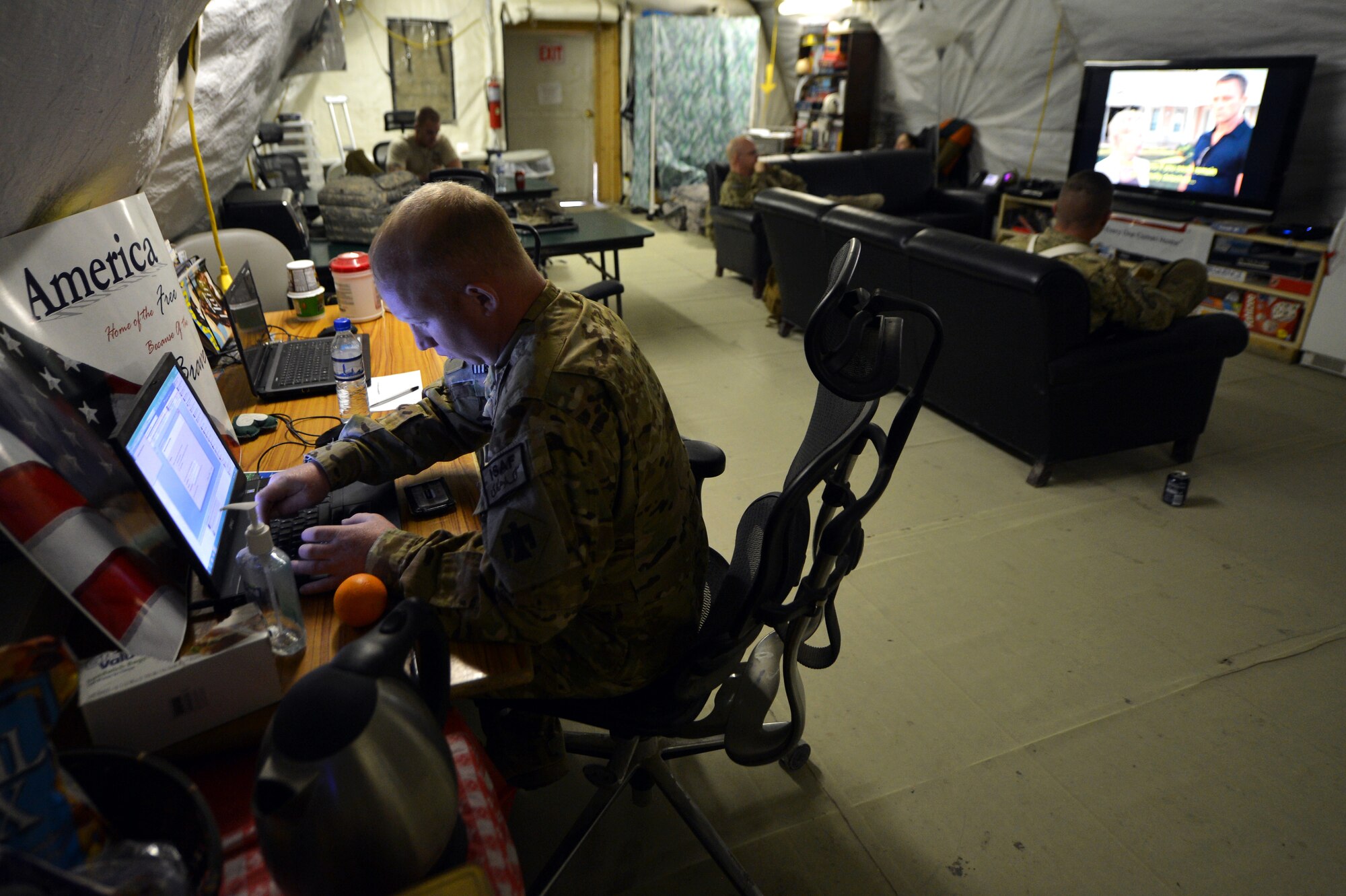 Patients enjoy some of the many amenities provided by the staff of the Contingency Aeromedical Staging Facility on Bagram Airfield, Afghanistan, March 8, 2013.Working 12-hour shifts, the CASF team keeps the facility open 24 hours a day, ready to provide its patients with not only medical treatment but some home accommodations as well. (U.S. Air Force photo/Senior Airman Chris Willis)