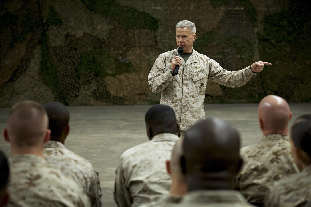 The 35th commandant of the Marine Corps, General James F. Amos, addresses Marines, DoD civilians, and contractors assigned to Blount Island Command at Marine Corps Support Facility, Blount Island in Jacksonville, Fl., March 20, 2013. (U.S. Marine Corps photo by Sgt. Mallory S. VanderSchans)(RELEASED)
