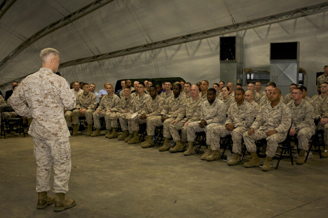 The 35th commandant of the Marine Corps, General James F. Amos, addresses Marines, DoD civilians, and contractors assigned to Blount Island Command at Marine Corps Support Facility, Blount Island in Jacksonville, Fl., March 20, 2013. (U.S. Marine Corps photo by Sgt. Mallory S. VanderSchans)(RELEASED)
