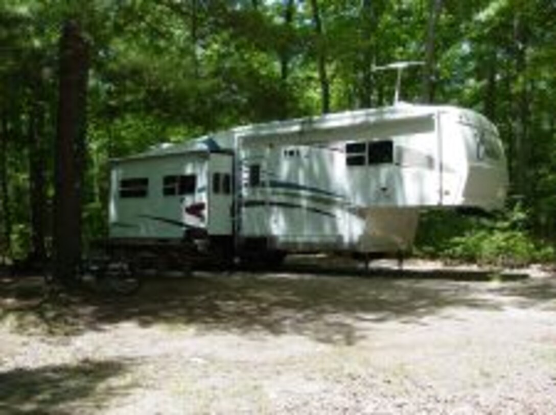 A Recreational Vehicle trailer in a campsite at the West Thompson Lake campground, North Grosvenordale, Conn.