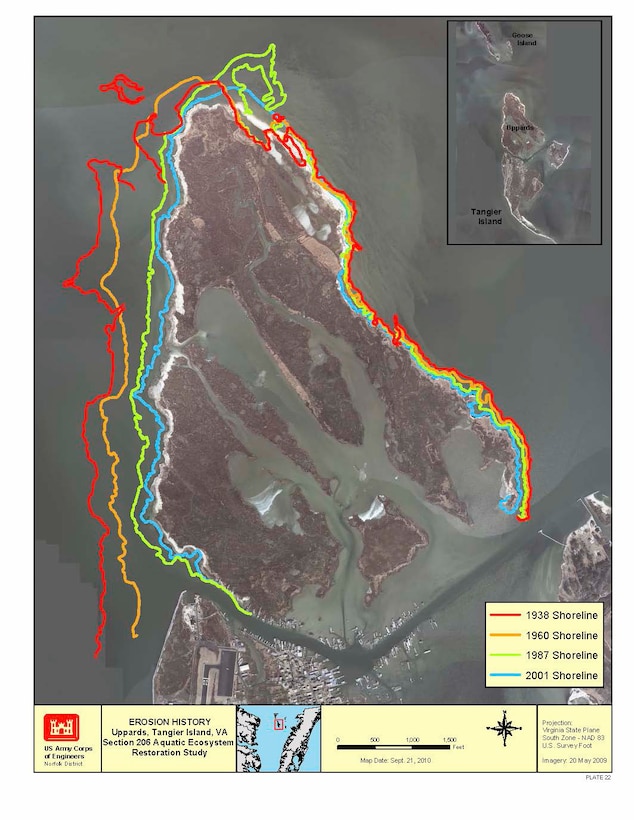 Historic shoreline erosion is one of the data sets being utilized by the Corps' modeling experts. The end result will assist Norfolk District engineers with designing a jetty that will maximize the benefits within the alloted $3.6 million to design and build it for the residents Tangier, Va.