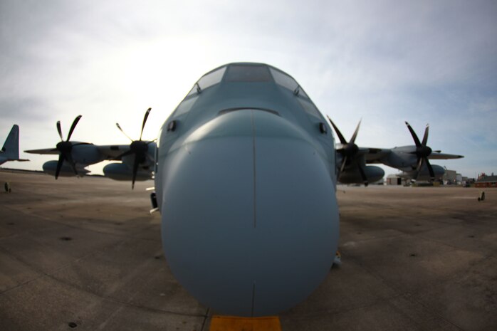 A C-130 Hercules on Cherry Point waits on the flight line at Marine Corps Air Station Cherry Point, N.C., before a training mission March 20, 2013. The aircraft would carry Marines from Marine Corps Air Station New River, N.C., over Camp Lejeune, N.C., where they would leap into the skies to meet their quarterly fleet requirement.