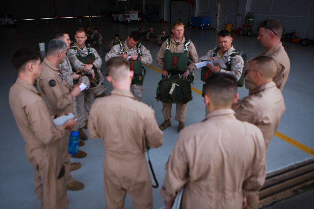 Aircrew members from a C-130 meet with jump masters from Marines from Landing Support Company, Combat Logistics Regiment 27, 2nd Marine Logistics Group aboard Marine Corps Air Station New River, N.C., and review plans and protocols for an airborne exercise March 20, 2013. More than 20 Marines participated in the exercise to meet their quarterly jump requirement. 