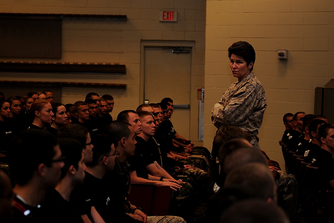 Brigadier General Lori Reynolds, Commanding General of Marine Corps Recruit Depot Parris Island, Eastern Recruiting Region, speaks to over 200 Marine officer applicants and candidates participating in a mini-Officer Candidate School training course held at Page Field aboard Parris Island, S.C., March 22, 2013. The mini-OCS training allowed applicants to gain a better understanding of what is to come during their OCS training this coming summer at Marine Corps Base Quantico, Va. (U.S. Marine Corps photo by Pfc. John-Paul Imbody)