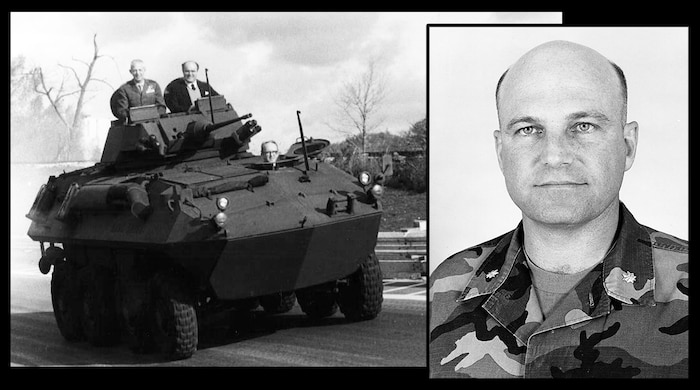 (Left) On Oct. 26, 1983, one of the first 8x8 Piranha Light Armored Vehicles rolled down a London, Ontario, road in Canada with passengers Lt. Gen. Harold Hatch, deputy commandant for Installations and Logistics, and Canadian Minister of Defense Jean-Jacques Bley. The general accepted the vehicle on behalf of the Marine Corps. (Right) Then-Maj. Charles Skipper was part of the initial cadre of the LAV Directorate.