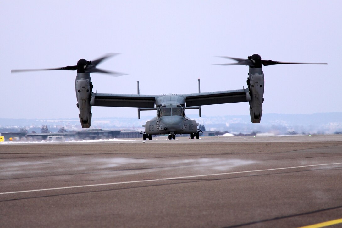 Arriving for a capabilities demonstration, scheduled for the next few days in Stuttgart, Germany, an MV-22B Osprey from the Marine Medium Tiltrotor Squadron 266 (Reinforced), II Marine Expeditionary Force, Camp Lejeune, N.C., “taxis” the runway at Stuttgart Army Airfield.The MV-22B Osprey has a unique tilt-rotor capability that allows it to fly twice as fast, twice as high, and six times farther than legacy medium-lift helicopters, while carrying three times more weight.