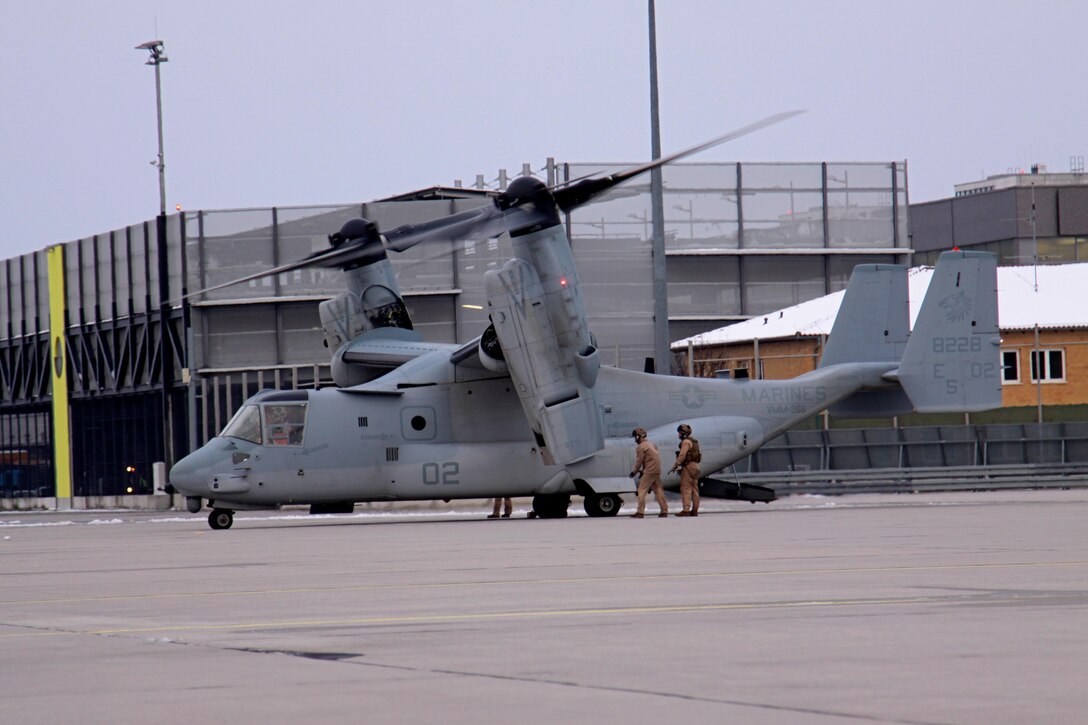 In preparation for a capabilities demonstration in Stuttgart, Germany, an MV-22B Osprey, from the Marine Medium Tiltrotor Squadron 266 (Reinforced), 26th Marine Expeditionary Unit, II Marine Expeditionary Force, Camp Lejeune, N.C., is staged at Stuttgart Army Airfield. The MV-22B Osprey has a unique tilt-rotor capability that allows it to fly twice as fast, twice as high, and six times farther than legacy medium-lift helicopters, while carrying three times more weight.