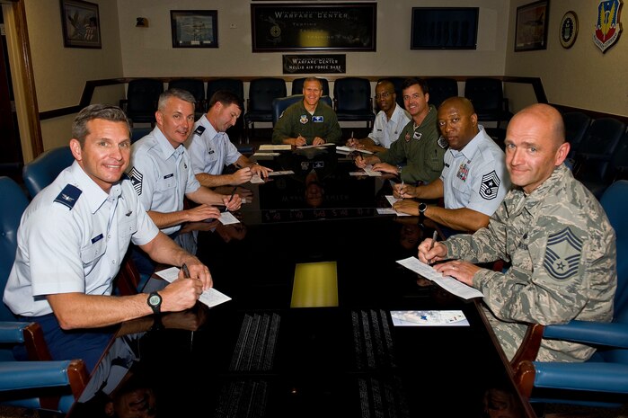 Leadership from Nellis Air Force Base officially kick off the Air Force Assistance Fund campaign for the installation March 25, 2013, at Nellis Air Force Base, Nev. The AFAF is an annual campaign to raise funds for the Air Force Aid Society, Air Force Villages, Air Force Enlisted Villages, and the Gen. and Mrs. Curtis E. Le May Foundation which provide support to Air Force families in need.  In 2012, Nellis AFB, Creech AFB, and Nevada Test and Training Range Airmen, retirees and families received more than $614,000 from these four charitable affiliates. (U.S. Air Force photo by Staff Sgt. William P. Coleman)