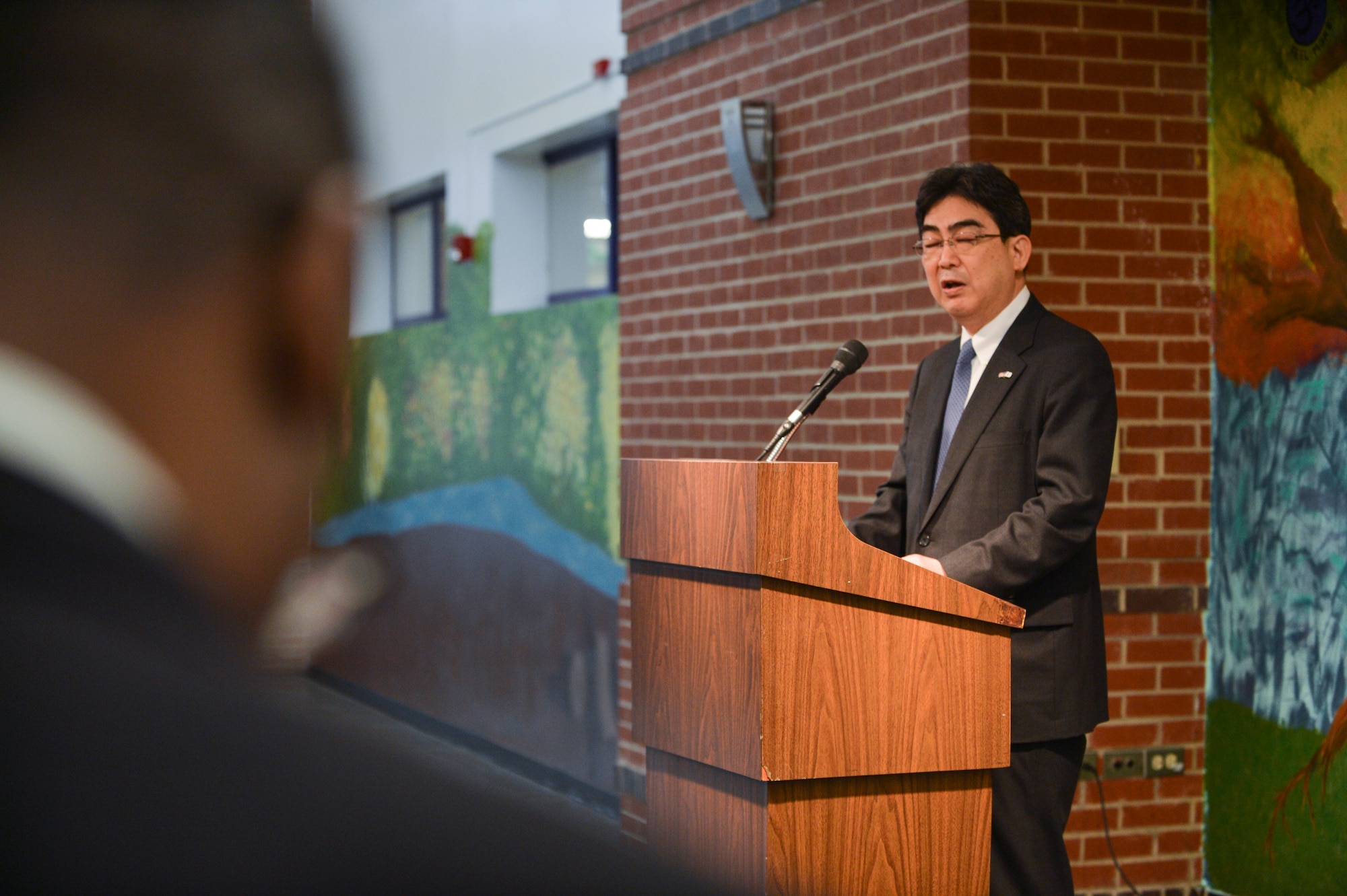 Ikuhiko Ono, Consul General of Japan, expresses his gratitude for the help military service members who participated in Operation Tomodachi March 22, 2013, at Littleton High School, Littleton, Colo. Nearly 20,000 U.S. military personnel participated in Operation Tomodachi. (U.S. Air Force photo by Senior Airman Paul Labbe/Released) 