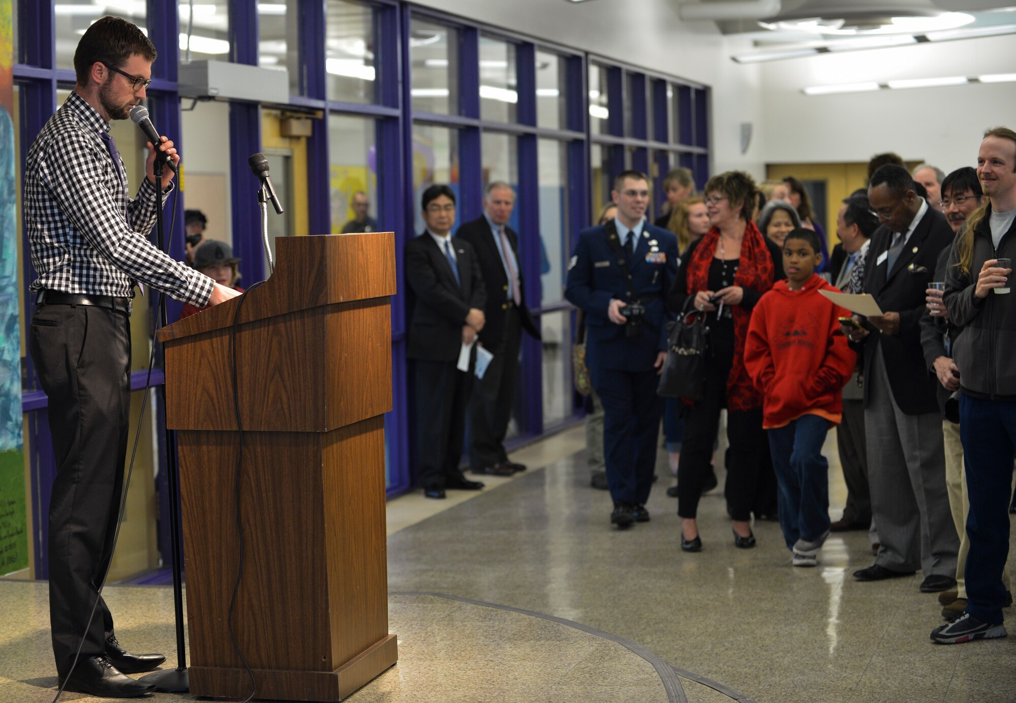 James Laurie, also known as Jonny 5 and founder of the American musical group Flobots, gives opening remarks during a Kizuna Project event March 22, 2013, at Littleton High School, Littleton, Colo. Laurie, while in high school, participated in a foreign exchange student program which allowed him to spend time in Japan. (U.S. Air Force photo by Senior Airman Paul Labbe/Released) 