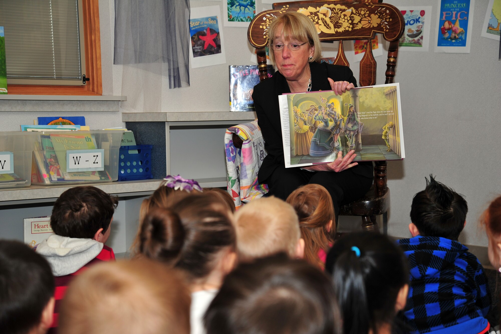 U.S. Senator Patty Murray reads a book to children at Michael Anderson Elementary School at Fairchild Air Force Base, Wash., March 26, 2013. Murray visited Fairchild to talk about the upcoming budget cuts impacting military family members. (U.S. Air Force photo by Senior Airman Taylor Curry)