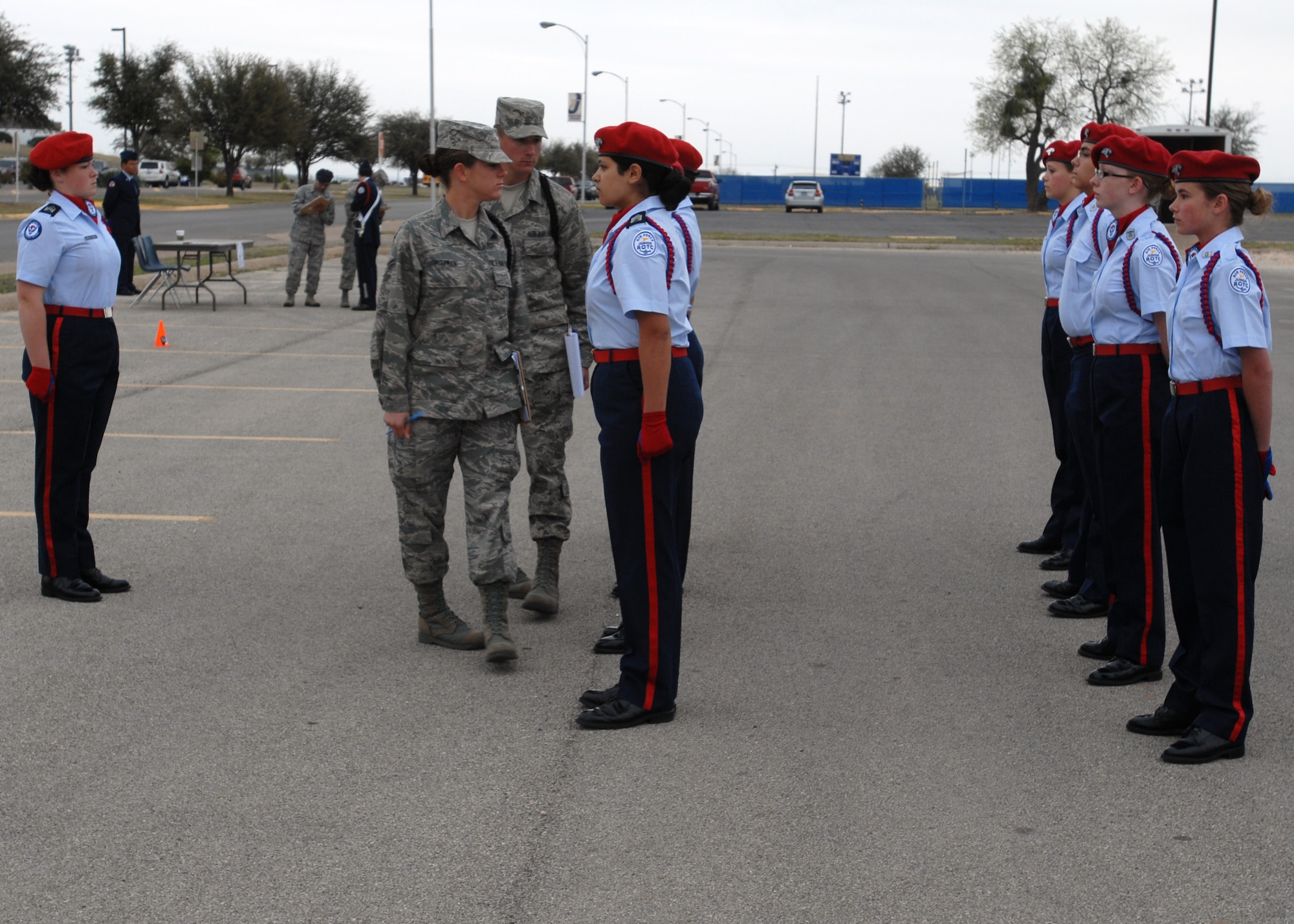SAN ANGELO, Texas – Two judges from Goodfellow Air Force Base inspect Cooper High School’s Air Force Junior ROTC during the unarmed inspection event at Angelo State University’s Junior ROTC Drill Meet, March 23. Cooper High School won the drill meet as the overall winner. (U.S. Air Force photo/ Airman 1st Class Joshua Edwards)