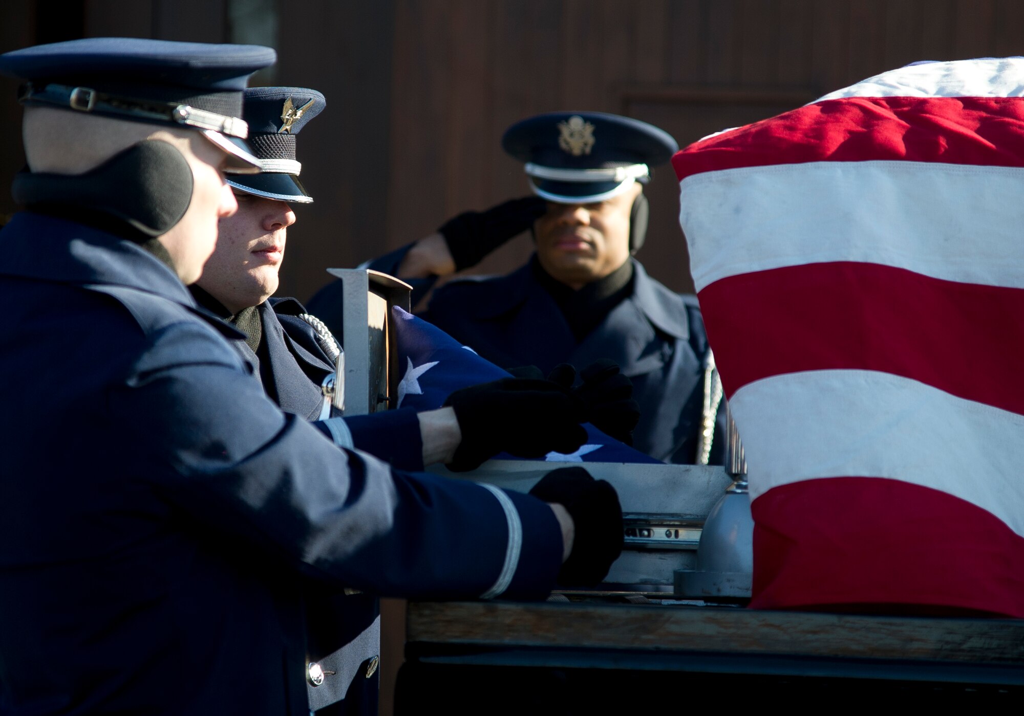 U.S. Air Force Honor Guard members transfer the remains of retired Maj. Gen. Frederick "Boots" Blesse into the caisson March 22, 2013, at Arlington National cemetery in Arlington, Va. Blesse, flew two combat tours in the Korean War, and became the nation’s leading jet ace after shooting down nine MiG-15s and one La-9. (U.S. Air Force photo/Staff Sgt. Perry Aston)
