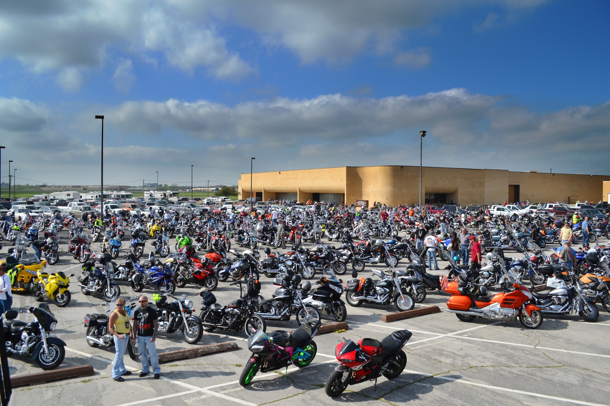 From cruisers and scooters to street bikes, Harleys and customs, motorcycles took over the parking area south of the Tinker Shoppette during last year’s Pre-Season Riders Briefing March 30, 2012. This year’s event will be held from 10 a.m. to noon March 29 and is mandatory for military riders and encouraged for all Team Tinker members.(Air Force photo by Micah Garbarino)