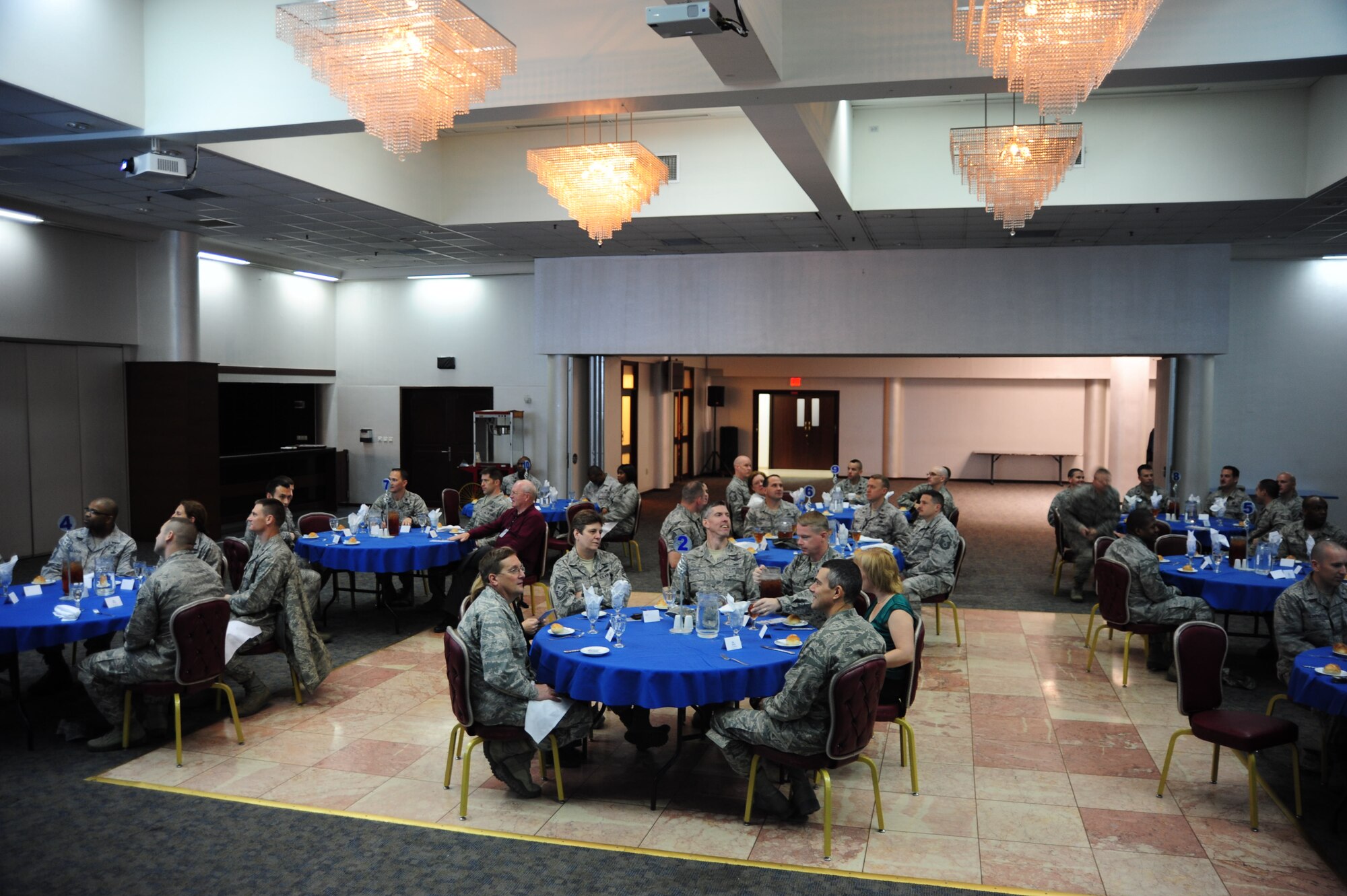 Members of Team Incirlik attend a lunch for the Air Force Assistance Fund kick-off March 26, 2013, at Incirlik Air Base, Turkey. The AFAF provides monetary support to Airmen and their families whether active duty or retired. The campaign began March 25 with Col. Chris Craige, 39th Air Base Wing commander and Chief Master Sgt. Nancy Judge, 39th ABW command chief, signing their donation cards. (U.S. Air Force photo by Senior Airman Anthony Sanchelli/Released)
