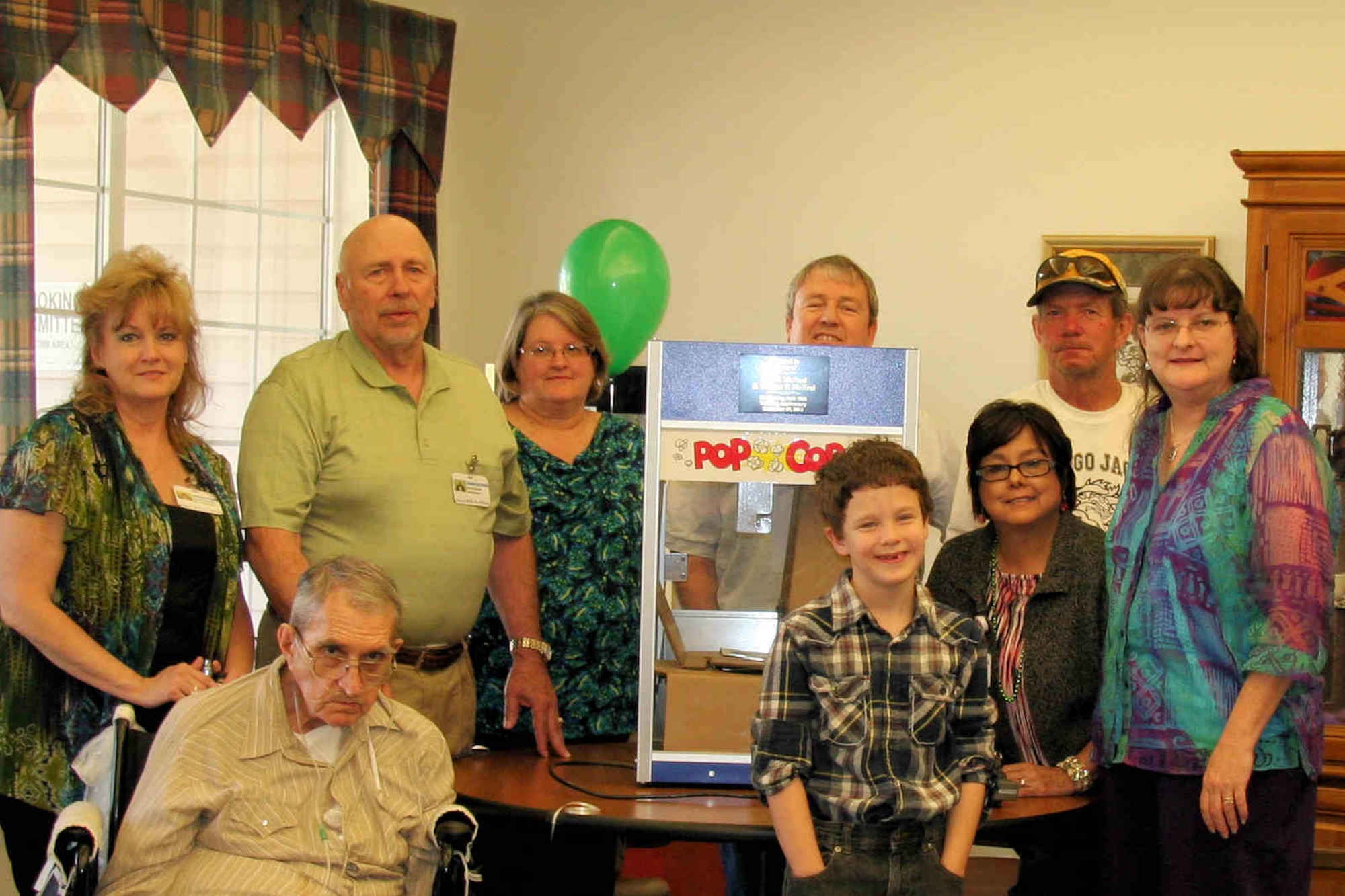BIG SPRING, Texas-- Staff and residents of the of Lamun-Lusk-Sanchez Texas State Veterans Home in Big Spring, Texas received a new popcorn machine donated by one of the veterans’ family members at their St. Patrick’s Day celebration March 15. The nursing home was built specifically for Texas veterans. (courtesy photo)