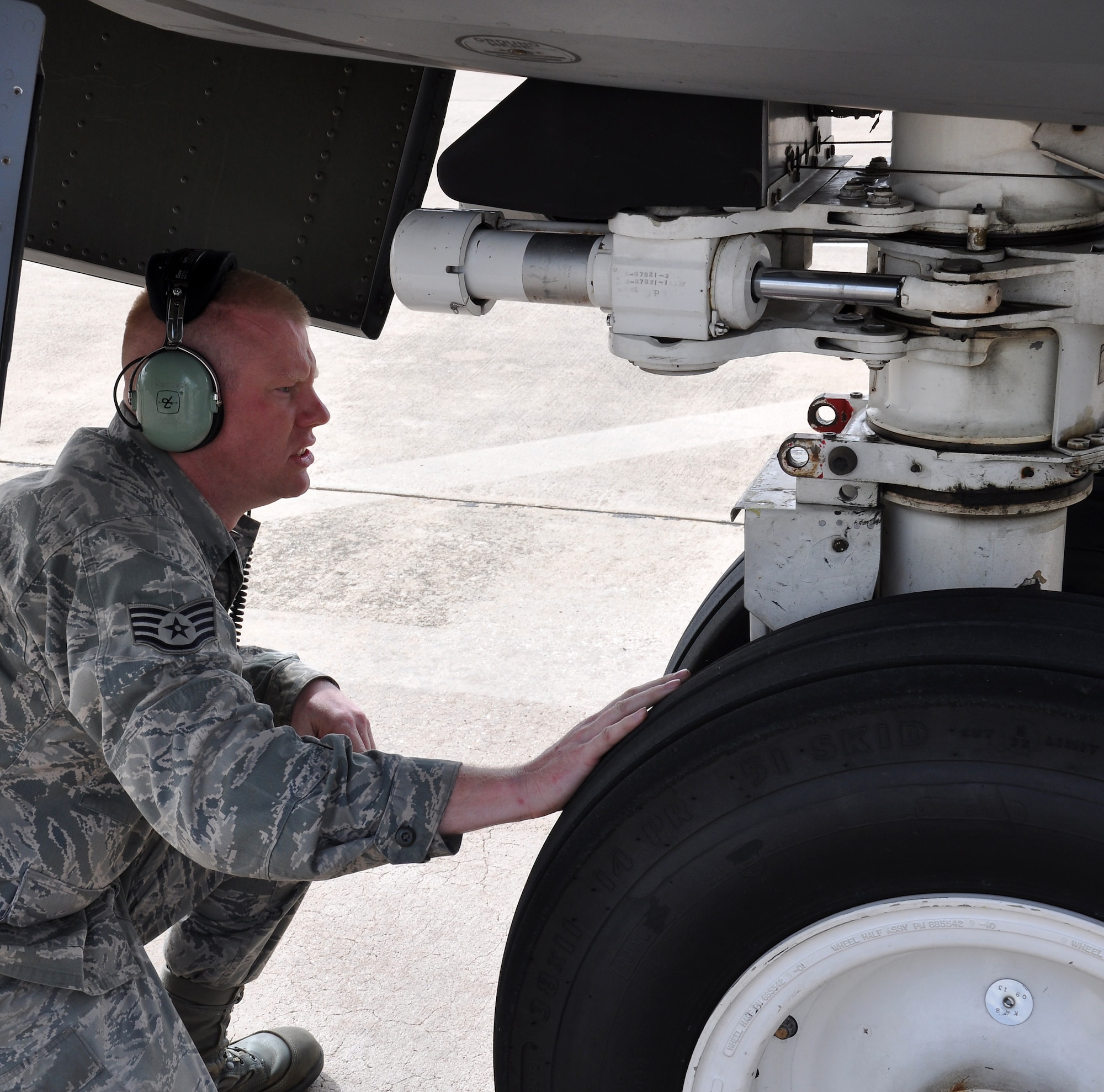 Staff Sgt. Jeffrey Kamback, 100th Aircraft Maintenance Squadron, inspects the landing gear of a KC-135 Stratotanker after a mission March 25, 2013. Airmen and aircraft deployed from the 100th Air Refueling Wing, RAF Mildenhall, England, to southwest Europe as the 351st Expeditionary Air Refueling Squadron Jan. 26, 2013. The 351st EARS has completed more than 120 sorties supporting French fighter aircraft conducting operations in Mali. The sorties include more than 5.5 million pounds of fuel transferred. (U.S. Air Force photo by Capt. Jason Smith)