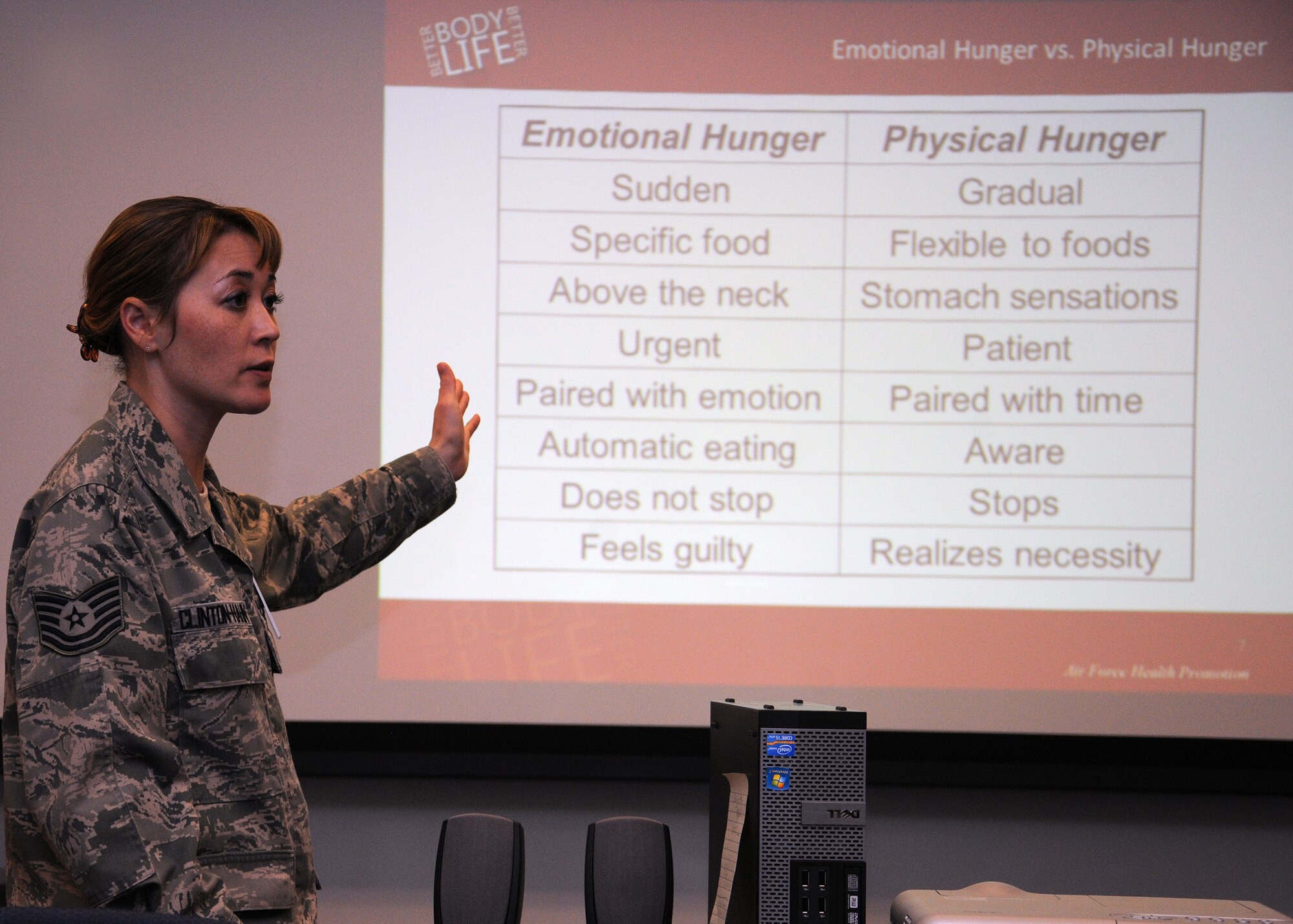 Tech. Sgt. Michelle Clinton-Hahn, 36th Medical Operations Squadron Health and Wellness Center NCO in charge, discusses emotional and physical hunger during a nutrition class on Andersen Air Force Base, Guam, March 26, 2013. The HAWC staff offered seven classes and manned information booths around the base on four occasions to educate the base community during National Nutrition Month. (U.S. Air Force photo by Staff Sgt. Melissa B. White/Released)