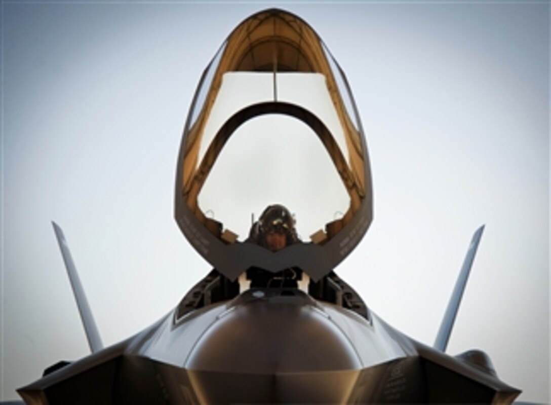 U.S. Air Force Lt. Col. Benjamin Bishop completes preflight checks before his first sortie in an F-35A Lightning II at Eglin Air Force Base, Fla., on March 6, 2013. Bishop, and other pilots of the 422nd Test and Evaluation Squadron, will begin operational testing of the joint strike fighter later this year at Nellis Air Force Base, Nev.  