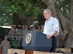President George Bush talks about Operation Jump Start at Anzalduas County Park in Mission, Texas, on Aug. 3, 2006. National Guard Soldiers participating in the operation attended the address.