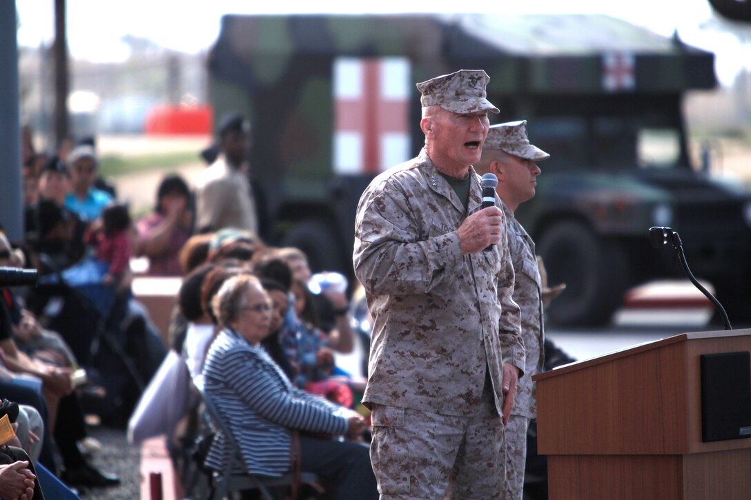 Lt. General John A. Toolan Jr., the commanding general of I Marine Expeditionary Force speaks at a graduation ceremony for more than 250 sailors who completed the corpsmen school at Field Medical Training Battalion West, Camp Pendleton, Calif., March 22.




