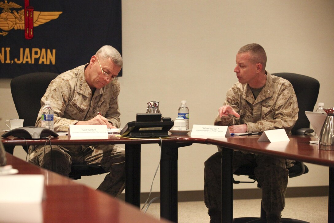 The Assistant Commandant of the Marine Corps, Gen. John M. Paxton, Jr., attends a brief by Col. James Stewart at Marine Corps Air Station Iwakuni, Japan, March 11, 2013. The tour was hosted by Col. James Stewart. (U.S. Marine Corps photo by Cpl. Tia Dufour/Released)