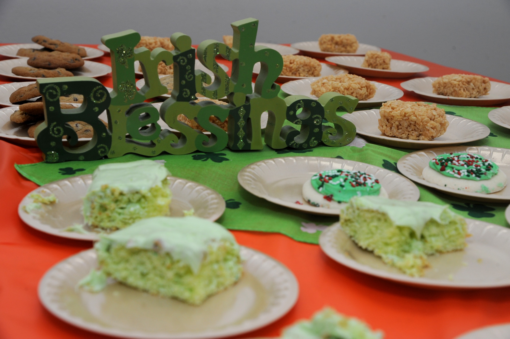 The menu theme was "a taste of the Irish" at the Singles' International Gourmet Meal Opportunity March 25 in the Community Chapel Activity Center at Vance Air Force Base, Okla. (U.S. Air Force photo/ Senior Airman Frank Casciotta)