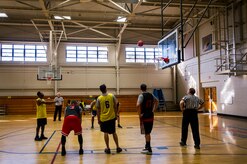 Brooks McDonald attempts a free throw during the Intramural Basketball Championship March 25, 2013, at Joint Base Charleston - Air Base, S.C. The 628th CES beat the 628th LRS 48 to 30 to become JB Charleston's basketball champions. (U.S. Air Force photo/ Senior Airman George Goslin)