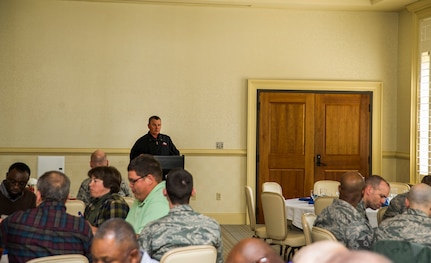 Tony Berenyi, Berenyi Incorporated president, gives a speech on leadership during a guest speaker luncheon March 25, 2013, at Joint Base Charleston, S.C. Berenyi, a Gulf War veteran, spoke at the event to share his leadership skills with Airmen and civilians. Berenyi is a Hungarian immigrant who grew up digging ditches on his father’s ranch. He now runs his own engineering firm in Charleston and is about to close on a $2 billion railroad reconstruction project in Tanzania. Berenyi has earned degrees at the Citadel and the Massachusetts Institute of Technology, and earned the Bronze Star leading a 250-man unit in Desert Storm. (U.S. Air Force photo/ Senior Airman George Goslin)