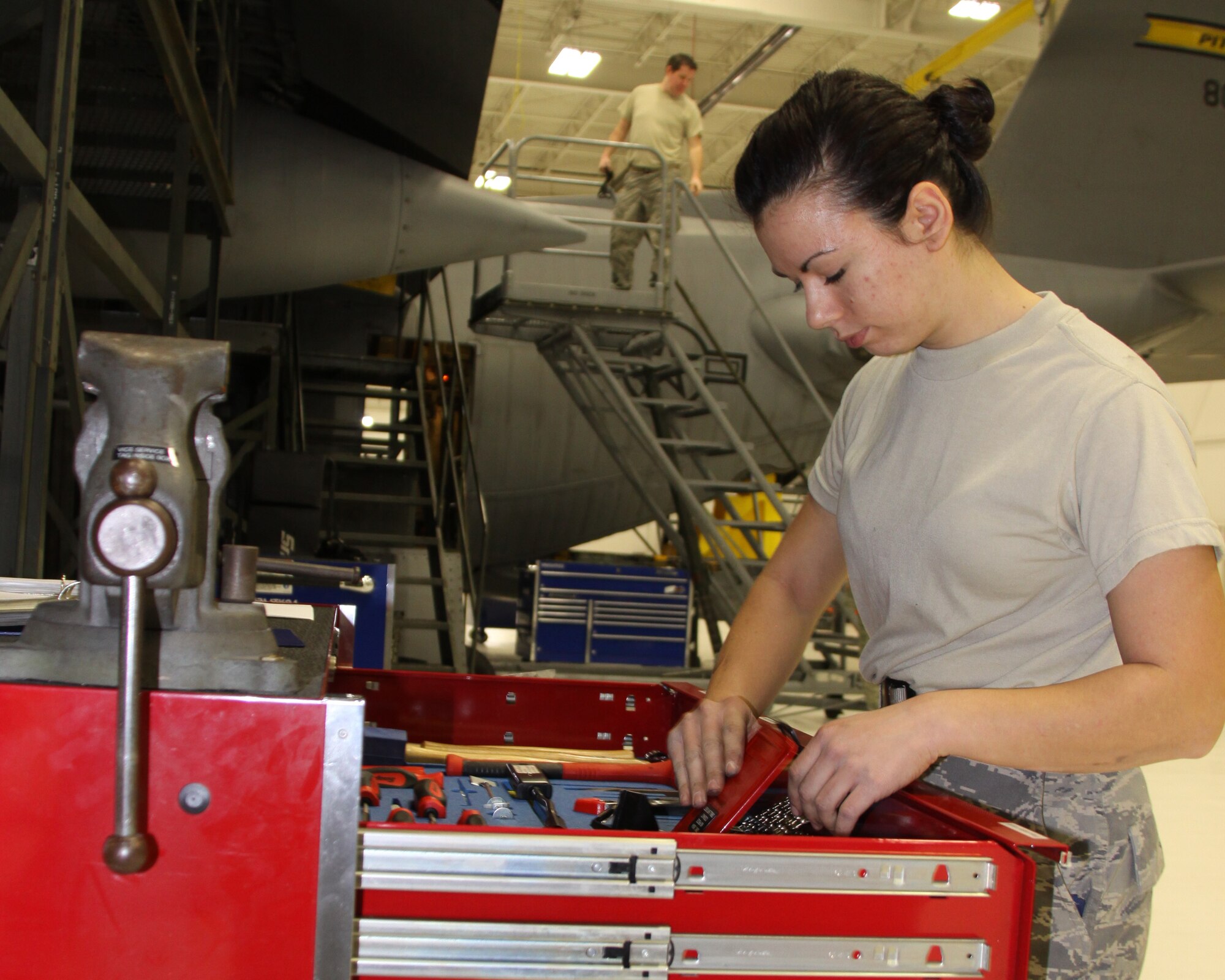 Senior Airman Ashley L. Wiley, 911th Airlift Wing aircraft structural maintenance technician, surveys her toolbox to insure everything is back in its proper place.   Senior Airman Wiley is one of several maintenance personnel trained to perform a C-130 airframe structural integrity inspection during the isochronal inspection process. The 911th Airlift Wing’s isochronal inspection process is one of the best in the Air Force Reserve Command, saving more than $73 million in tax payer’s dollars since 2007. (U.S. Air Force photo by Master Sgt. Mark A. Winklosky/Released)