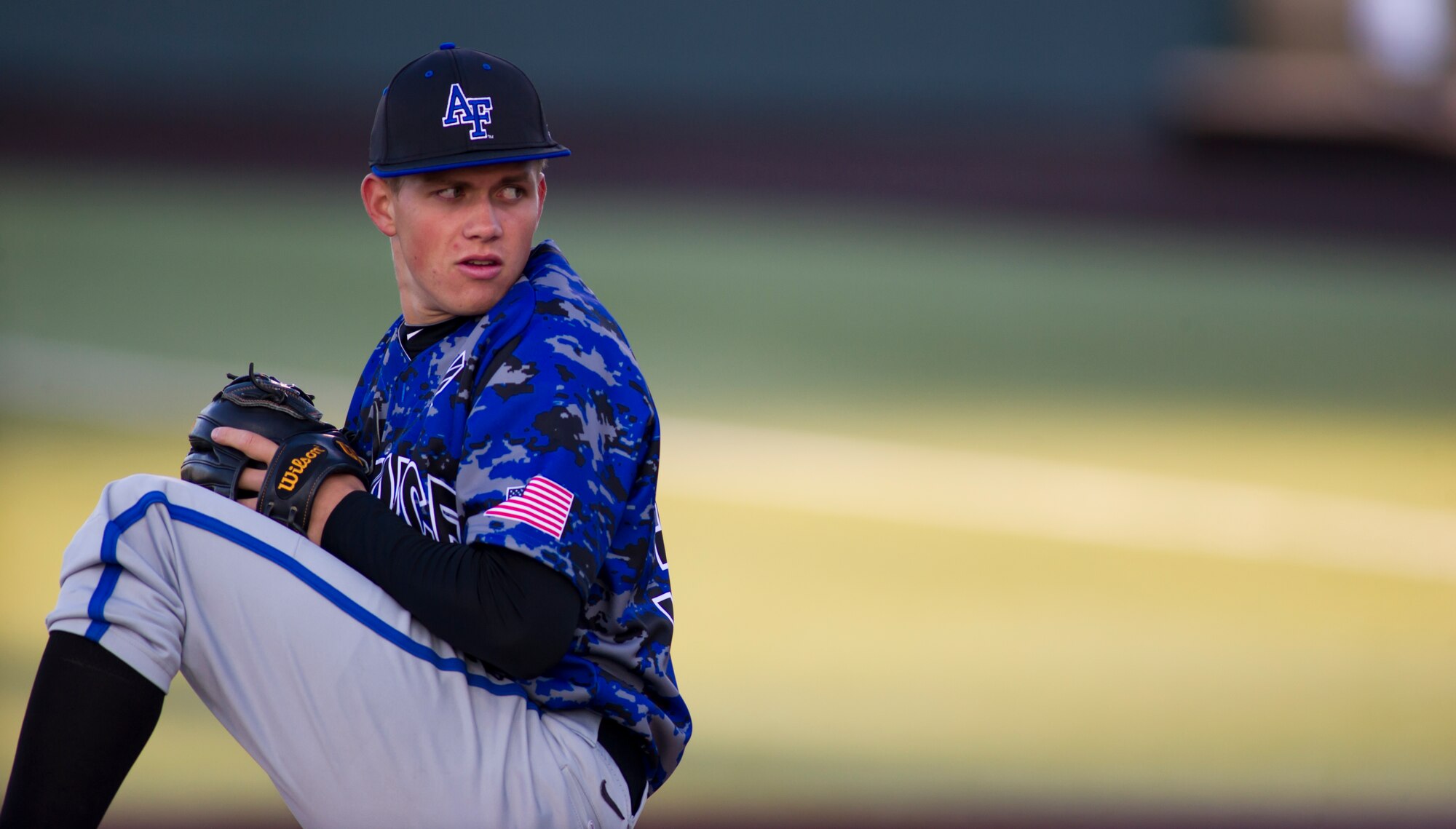 Cadet 4th Class Steven Trojan, Air Force Academy Falcons right handed pitcher, prepares to throws a pitch in a game vs. the Wichita State University Shockers March 26, 2013, Wichita, Kan. The Falcons lost the first game in the series 3-2. (U.S. Air Force photo/ Senior Airman Armando A. Schwier-Morales)