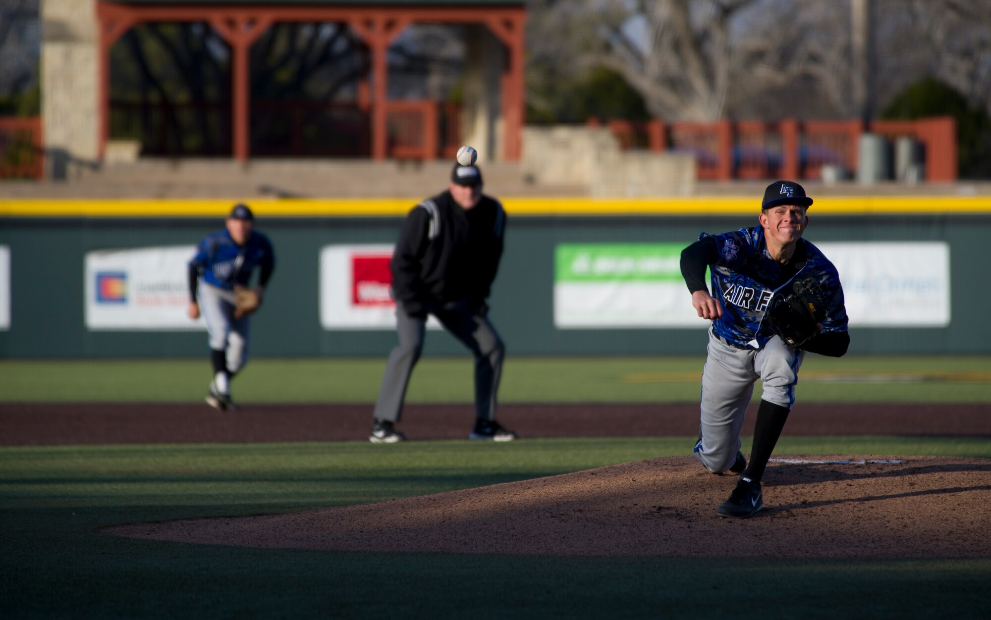Cadet 4th Class Steven Trojan, Air Force Academy men’s baseball right handed pitcher, throws a pitch in a game vs. the Wichita State University Shockers March 26, 2013, Wichita, Kan.  As the starting pitcher Trojan pitched 3.1 innings, striking out six batters and allowing one run. The Falcons lost the first game in the series 3-2. (U.S. Air Force photo/ Senior Airman Armando A. Schwier-Morales)
