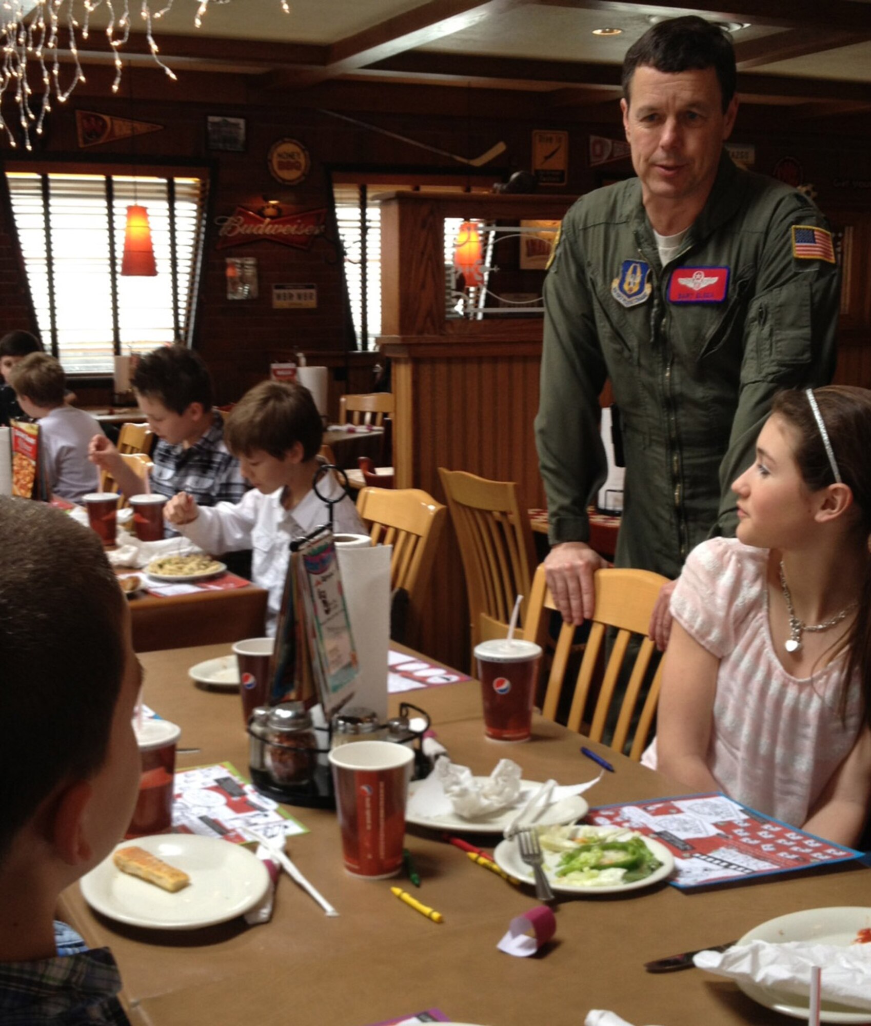Air Force Reserve Lt. Col. Bart Elsea, a pilot with the 910th Airlift Wing addresses students from Lakeview Middle School at a local restaurant March 21, 2013. Elsea shared with the students the requirements to become a pilot in the Air Force. (U.S. Air Force photo/Maj. Brent J. Davis) (Released)