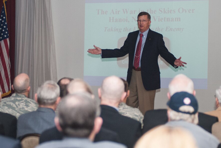 HANSCOM AIR FORCE BASE, Mass. - Retired Col. Chuck DeBellevue, a Vietnam-era ace, speaks to more than 120 attendees at a Leadership Night at the Minuteman Commons March 21. DeBellevue served as the keynote speaker for the Air Force Association Paul Revere Chapter's event. (U.S. Air Force photo by Mark Herlihy)