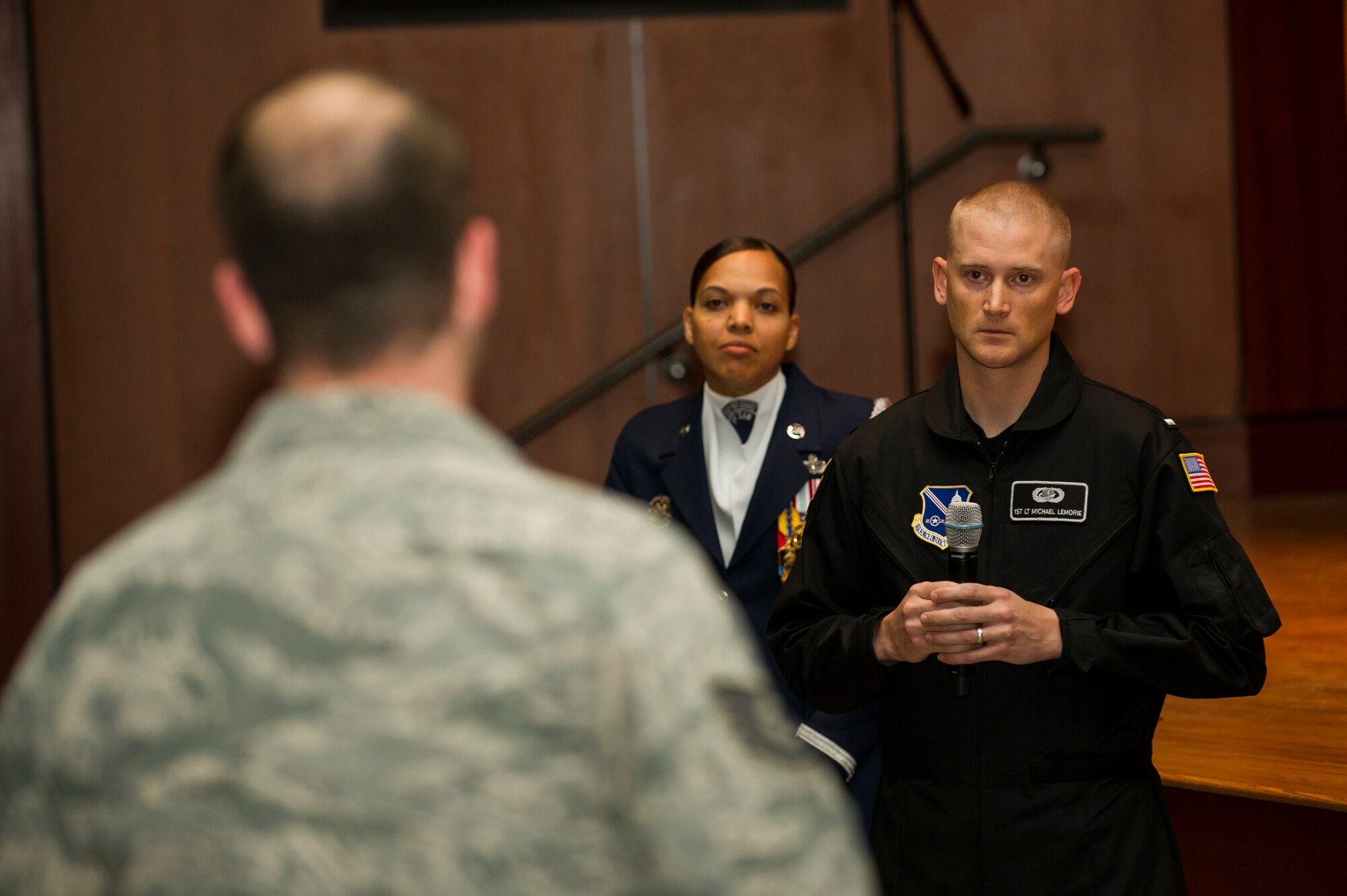 1st Lt. Michael Lemorie, Air Force Honor Guard Drill Team flight commander, answers questions during a question and answer session March 25, 2013, at Joint Base Charleston – Air Base, S.C. The AF Honor Guard visited JB Charleston to recruit members for their team. (U.S. Air Force photo/ Senior Airman George Goslin)