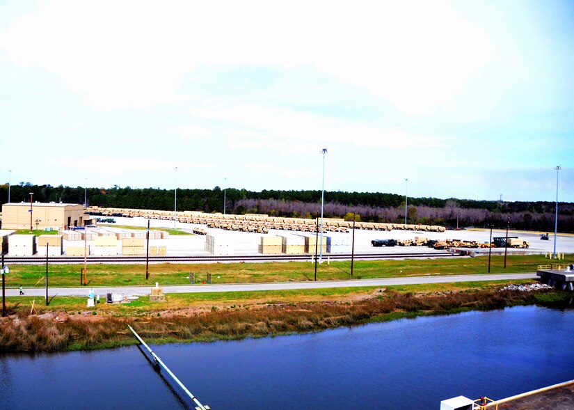 More than 1,600 military vehicles and 160 shipping containers are in position to be loaded onto the USNS Soderman (T-AKR 317) March 21, 2013, at Wharf Alpha on Joint Base Charleston – Weapons Station, S.C. The Soderman will be loaded with a variety of military vehicles to include humvees , trucks and armored security vehicles as well as shipping containers. (U.S. Air Force photo/Staff Sgt. William O'Brien)