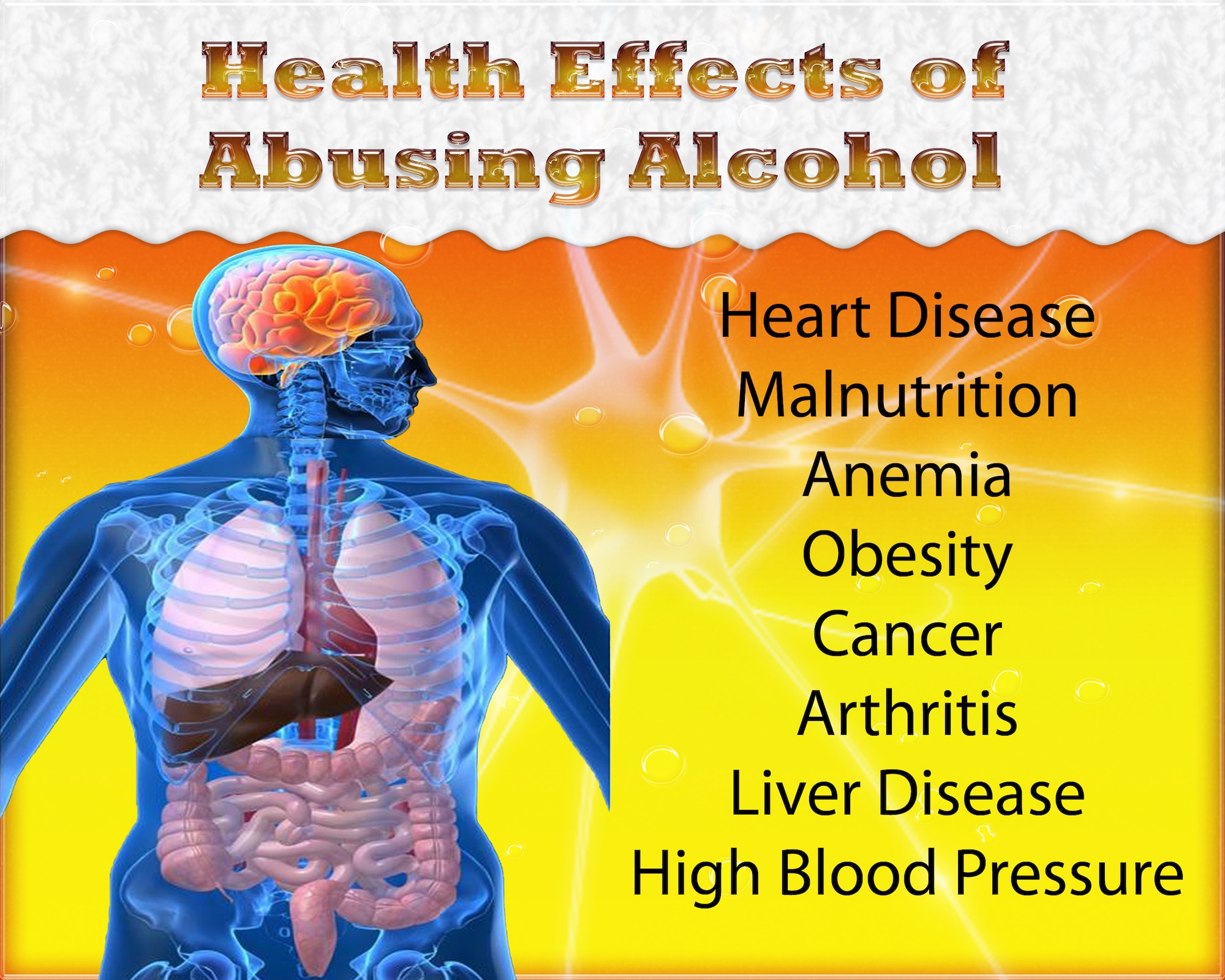 If people stick to the 0-1-3 guidelines, which are zero (0) alcohol-related incidents, having no more than one (1) drink per hour and having no more than three (3) drinks per day then drinking alcohol can be fine. Otherwise, excessive alcohol consumption can lead to cancer, heart disease, malnutrition, anemia, obesity, arthritis, liver disease, high blood pressure and even death. (U.S. Air Force graphic by Airman 1st Class Zachary Hada/Released)