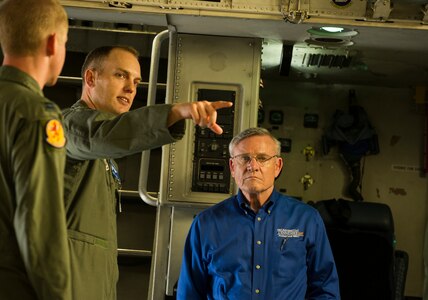 Lt. Col. Matt Leard, 437th Operation Support Squadron commander, briefs Dr. Ken Kirby, University of Tennessee - Knoxville professor, on C-17 Globemaster III features during a visit March 18, 2013, at Joint Base Charleston, S.C. Kirby visited the base to train senior leaders on innovation and Air Force Smart Operations for the 21st Century    related topics. (U.S. Air Force photo/ Senior Airman George Goslin)